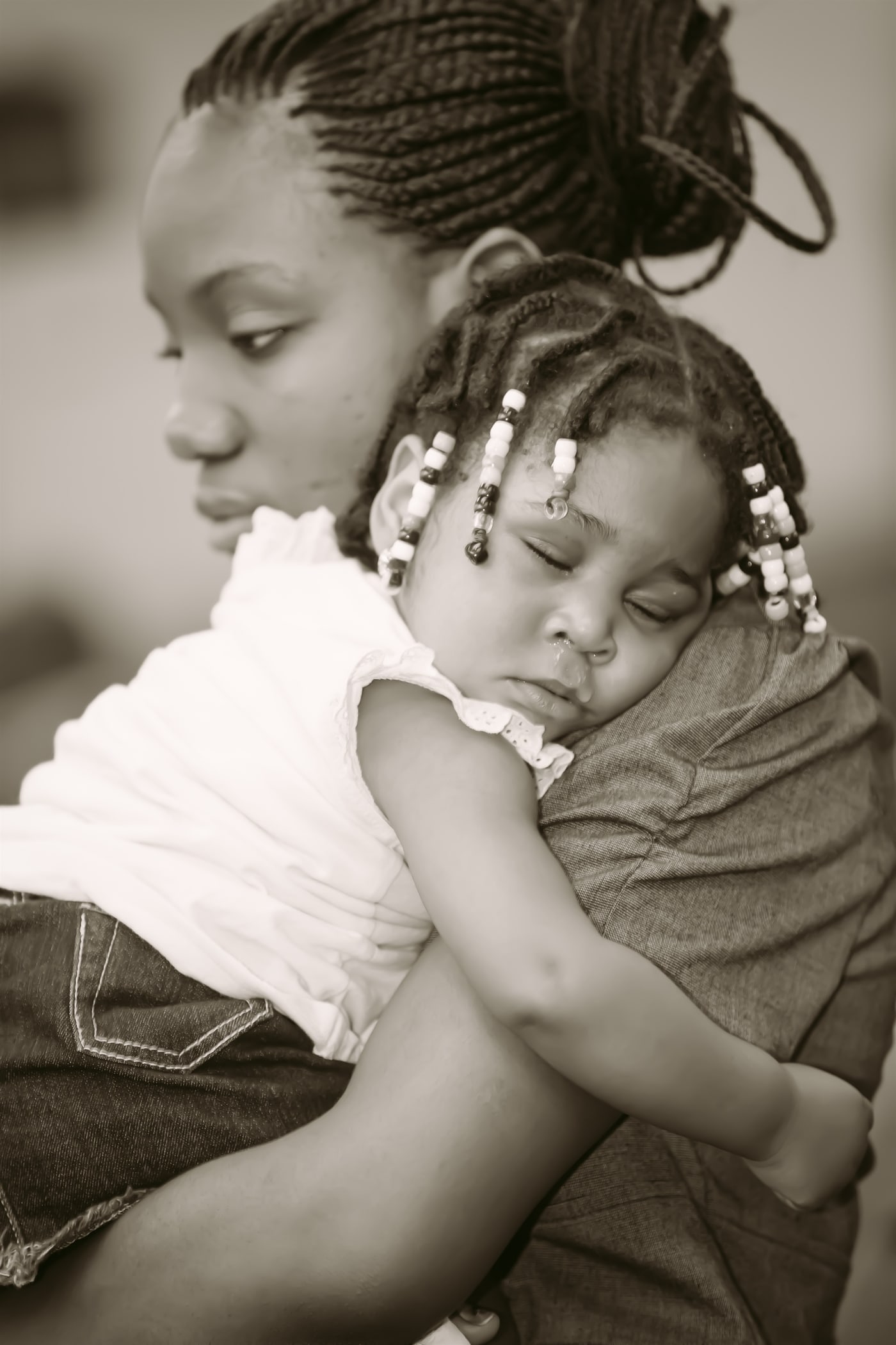 Mother and baby black-and-white portrait.